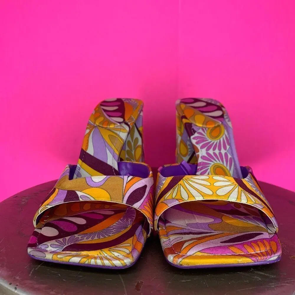 Zara Orange Purple Swirly Retro Print Slip-On Heeled Sandals US 6.5 - Picture 2 of 6
